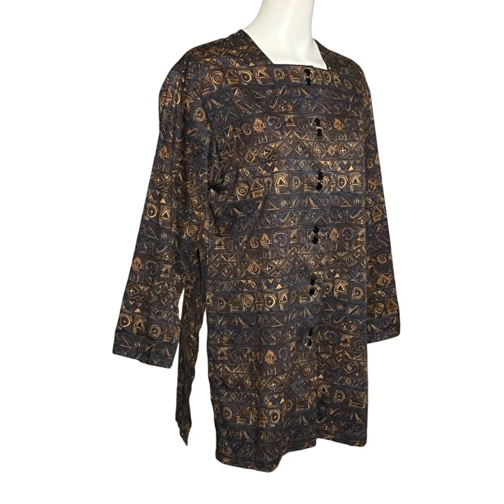 Peruvian Connection Aztec Tribal Print Pima Cotton Long Tunic Top Shirt Jacket S